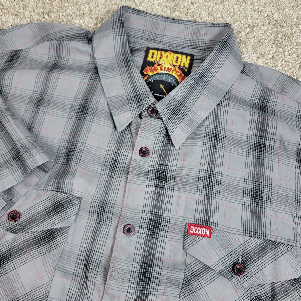 DIXXON Men's Gray Plaid Button-Down Shirt with Red Accents
